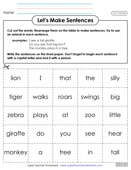 Zoo Language, Reading, & Phonics - Let's Make Sentences (Zoo Animals)