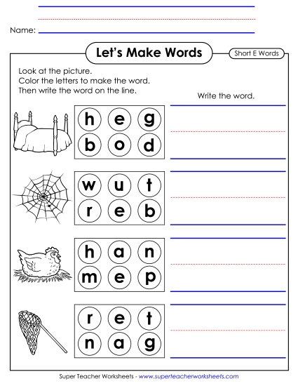 Short E CVC Words - Let's Make Short E CVC Words (Printable PDF Worksheet)