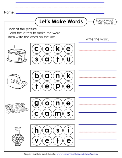 Worksheets - Let's Make Words (Word Circles) Long A, Silent E Worksheets - Let's Make Words (Word Circles) Long A, Silent E