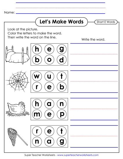 Worksheets - Let's Make Words (Word Circles) Short E