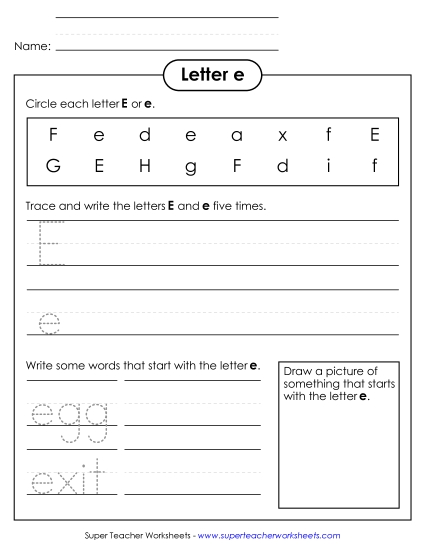 Trace and Print - Letter E e - Practice Sheet