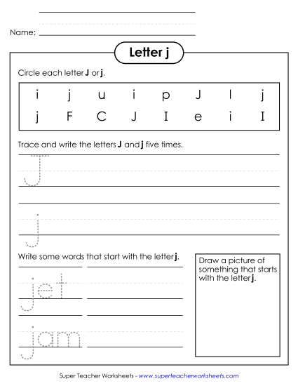 Trace and Print - Letter J j - Practice Sheet