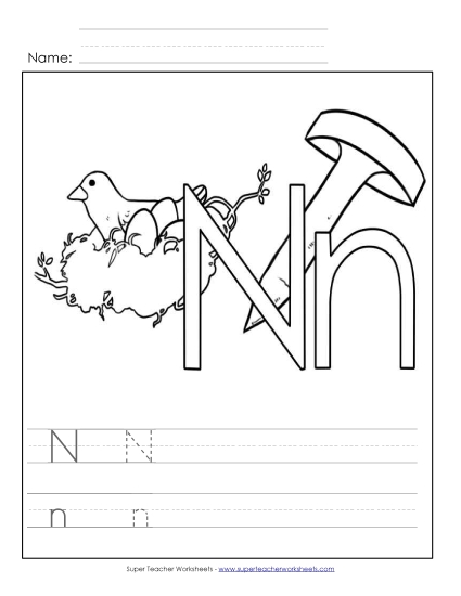 Trace and Print - Letter N - Color and Write