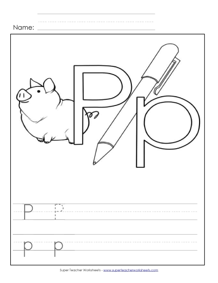 Trace and Print - Letter P - Color and Write