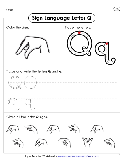 Individual Letter Worksheets - Letter Q Sign (Printable PDF Worksheet)