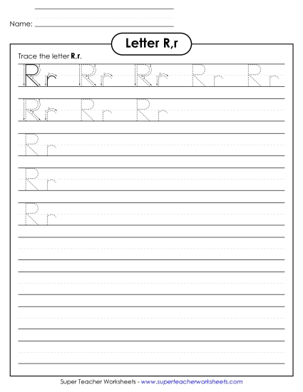 Trace and Print - Letter R, r - Tracing (Smaller Font Size)