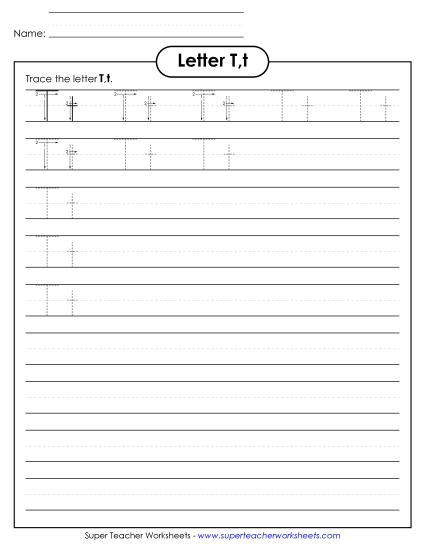 Trace and Print - Letter T, t - Tracing (Smaller Font Size)