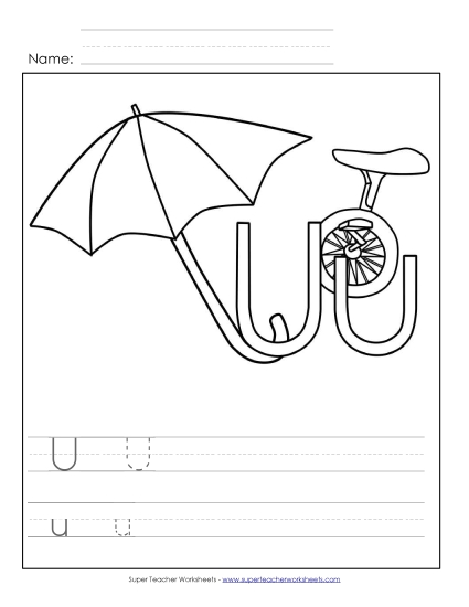 Trace and Print - Letter U - Color and Write