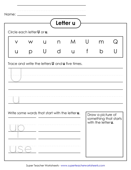 Trace and Print - Letter U u - Practice Sheet