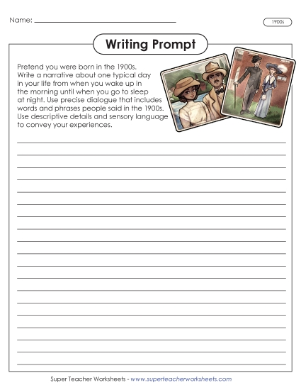 Middle School Writing Prompts Narrative Writing - Life in the 1900s (Printable PDF Worksheet)