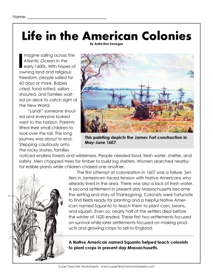 Poems and Reading Comprehension - Life in the American Colonies