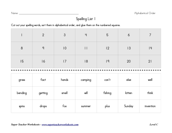 List C-1 - List 1:  ABC Order (Printable PDF Worksheet)