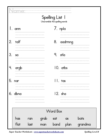List B-1 - List 1: Word Scramble