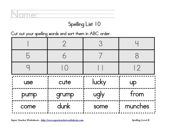 List B-10 - List 10:  ABC Order (Printable PDF Worksheet)