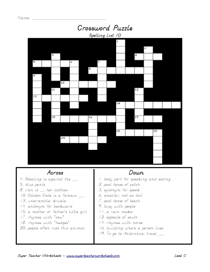 List C-10 - List 10:  Crossword Puzzle (Printable PDF Worksheet)