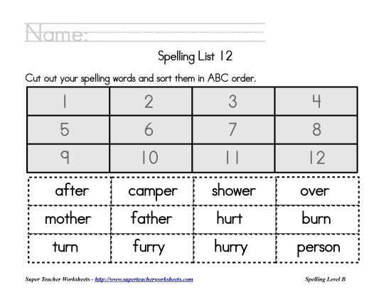 List B-12 - List 12:  ABC Order (Printable PDF Worksheet)