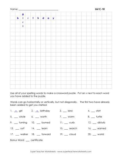 List C-12 - List 12:  Make a Crossword (Printable PDF Worksheet)