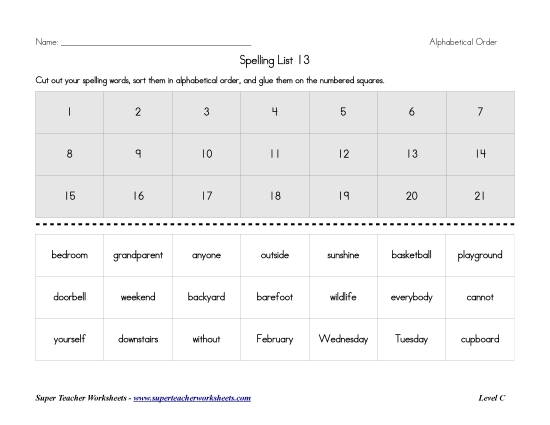 List C-13 - List 13:  ABC Order (Printable PDF Worksheet)