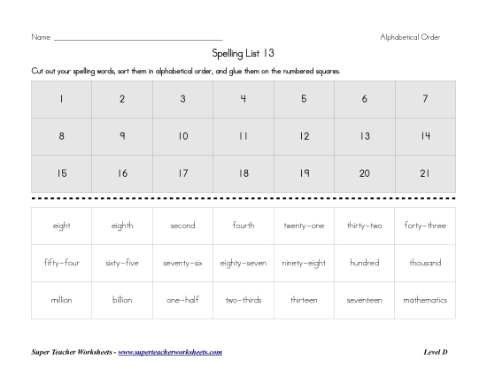 List D-13 - List 13:  ABC Order (Printable PDF Worksheet)