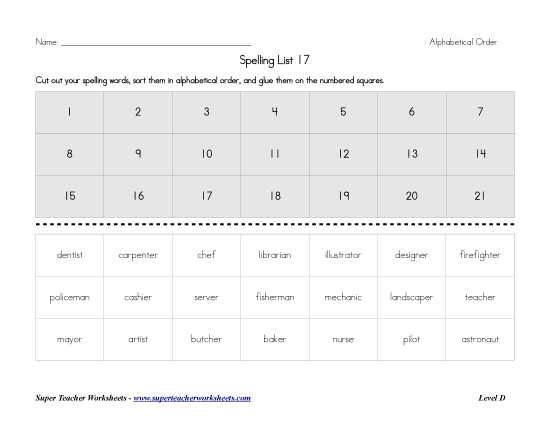 List D-17 - List 17:  ABC Order (Printable PDF Worksheet)