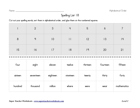 List C-18 - List 18:  ABC Order (Printable PDF Worksheet)