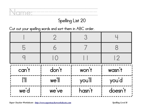 List B-20 - List 20:  ABC Order (Printable PDF Worksheet)