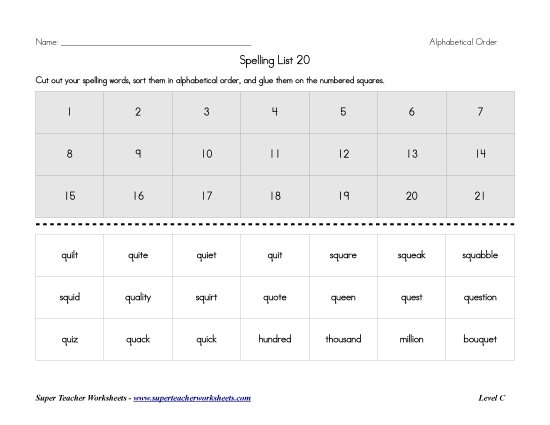 List C-20 - List 20:  ABC Order (Printable PDF Worksheet)