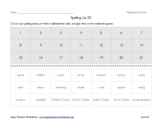 List D-20 - List 20:  ABC Order (Printable PDF Worksheet)