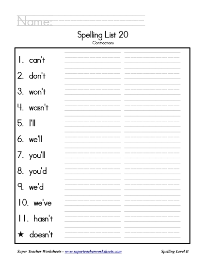 List B-20 - List 20: Word List