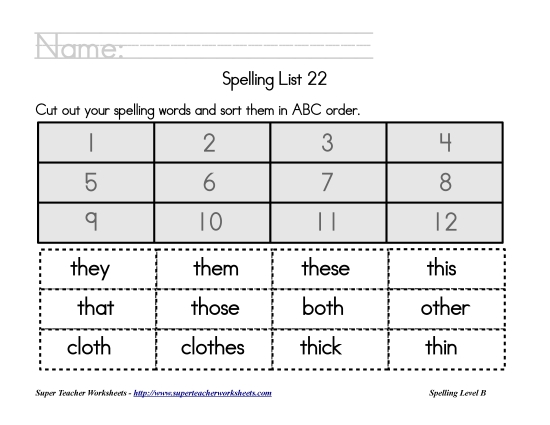 List B-22 - List 22:  ABC Order (Printable PDF Worksheet)