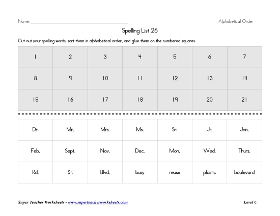 List C-26 - List 26:  ABC Order (Printable PDF Worksheet)