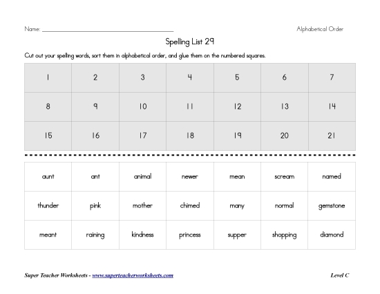 List C-29 - List 29:  ABC Order (Printable PDF Worksheet)