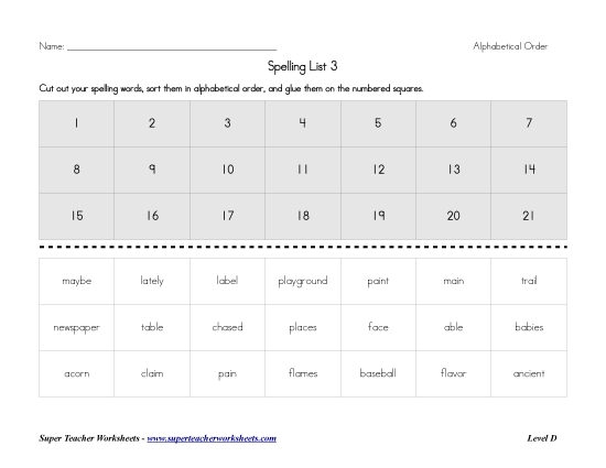 List D-3 - List 3:  ABC Order (Printable PDF Worksheet)