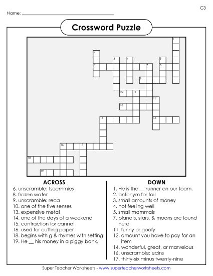 List C-3 - List 3:  Crossword Puzzle (Printable PDF Worksheet)