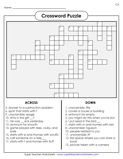 List C-4 - List 4:  Crossword Puzzle (Printable PDF Worksheet)