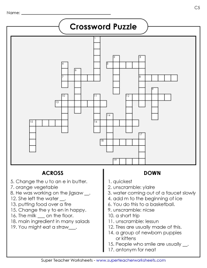 List C-5 - List 5:  Crossword Puzzle (Printable PDF Worksheet)