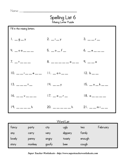 List C-6 - List 6:  Missing Letters (Printable PDF Worksheet)