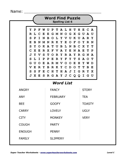 List C-6 - List 6:  Word Search Puzzle (Printable PDF Worksheet)