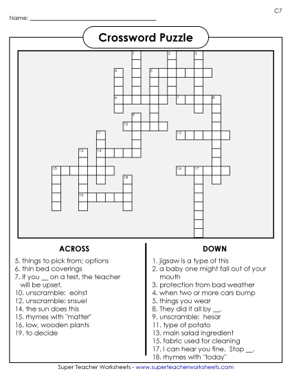 List C-7 - List 7:  Crossword Puzzle (Printable PDF Worksheet)