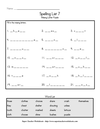 List C-7 - List 7:  Missing Letters (Printable PDF Worksheet)