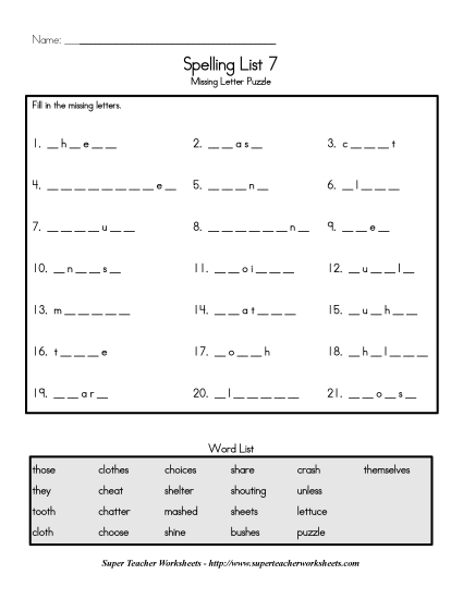 List C-7 - List 7:  Missing Letters