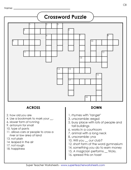 List C-8 - List 8:  Crossword Puzzle (Printable PDF Worksheet)