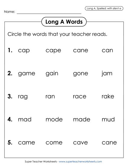 Worksheets - Listen and Circle: Long A (with silent e)