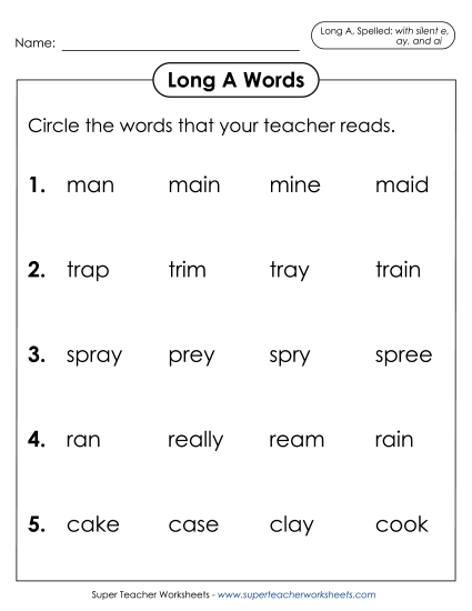 Worksheets - Listen and Circle: Long A (with silent e, ay, and ai)