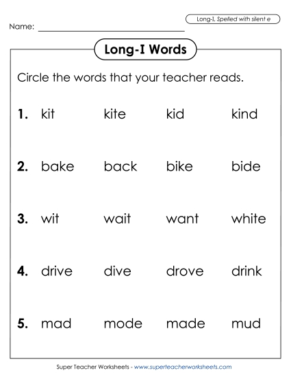 Worksheets - Listen and Circle (Long I)