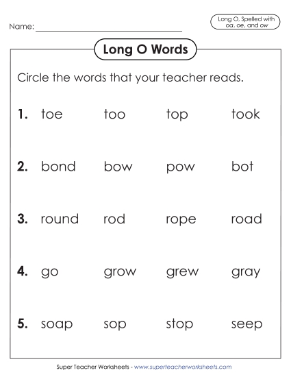 Worksheets - Listen and Circle (oa, oe, and ow) Worksheets - Listen and Circle (oa, oe, and ow)