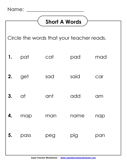 Worksheets - Listen and Circle: Short A Worksheets - Listen and Circle: Short A