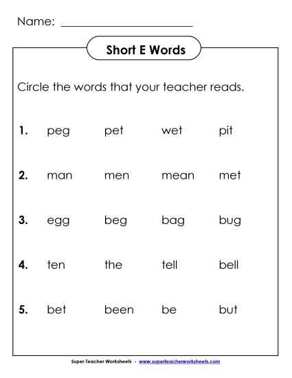 Worksheets - Listen and Circle: Short E