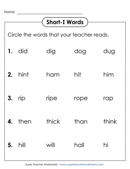 Worksheets - Listen and Circle: Short I (1)