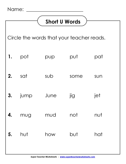 Worksheets - Listen and Circle: Short U Worksheets - Listen and Circle: Short U